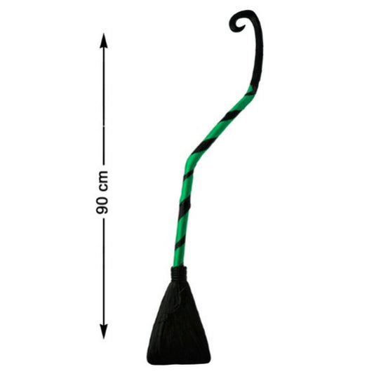 En svart och neongrön slingrig häxkvast som mäter 90 cm i höjd, med svarta borst längst ner.