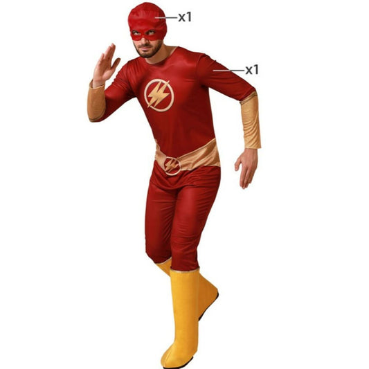 En man i en röd och guld-färgad tecknad superhjältedräkt som ser ut som The Flash, komplett med röd mask och gula stövlar.