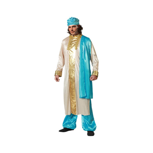 En manlig modell poserar i en maskeraddräkt som föreställer en hinduiskt inspirerad dräkt i krämvitt, guld och turkosblått, komplett med byxor, skjorta, sjal och turban.