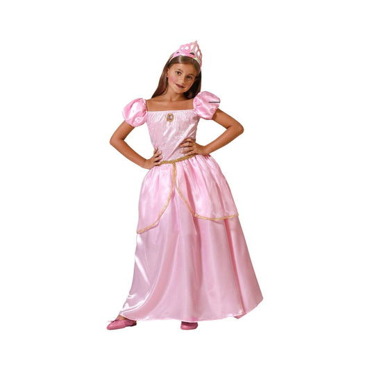 Ett barn poserar i en lång, rosa prinsessklänning med puffärmar, gulddetaljer och en matchande rosa tiara på huvudet.