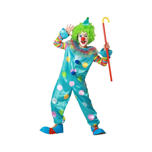 Ett barn iklädd en turkos, glänsande clowndräkt med stora prickar, en vild grön peruk och håller i en röd käpp.