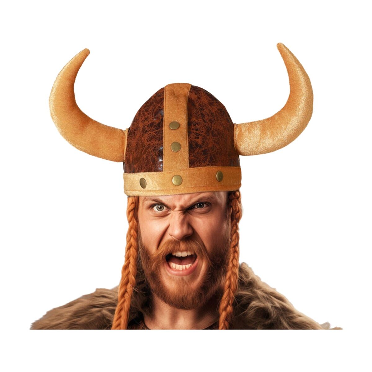 En man med skägg och rött hår bär en brun vikingahatt med guldiga horn.