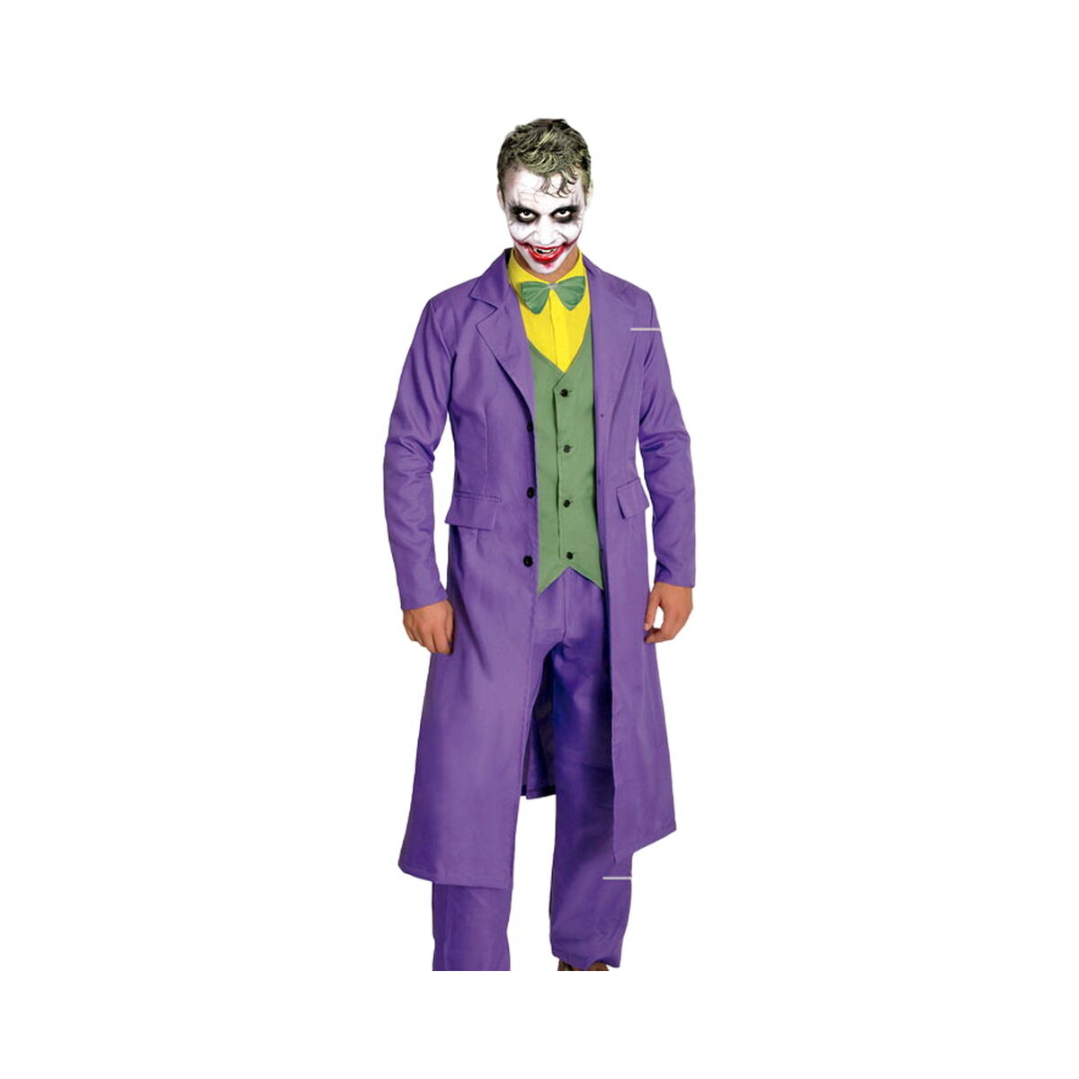En vuxen man klädd i en komplett Joker-maskeraddräkt med lila rock, grön väst, gul skjorta och lila byxor, med smink som efterliknar Jokerns ansikte.