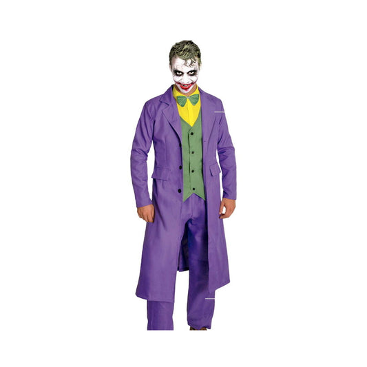 En vuxen man klädd i en komplett Joker-maskeraddräkt med lila rock, grön väst, gul skjorta och lila byxor, med smink som efterliknar Jokerns ansikte.