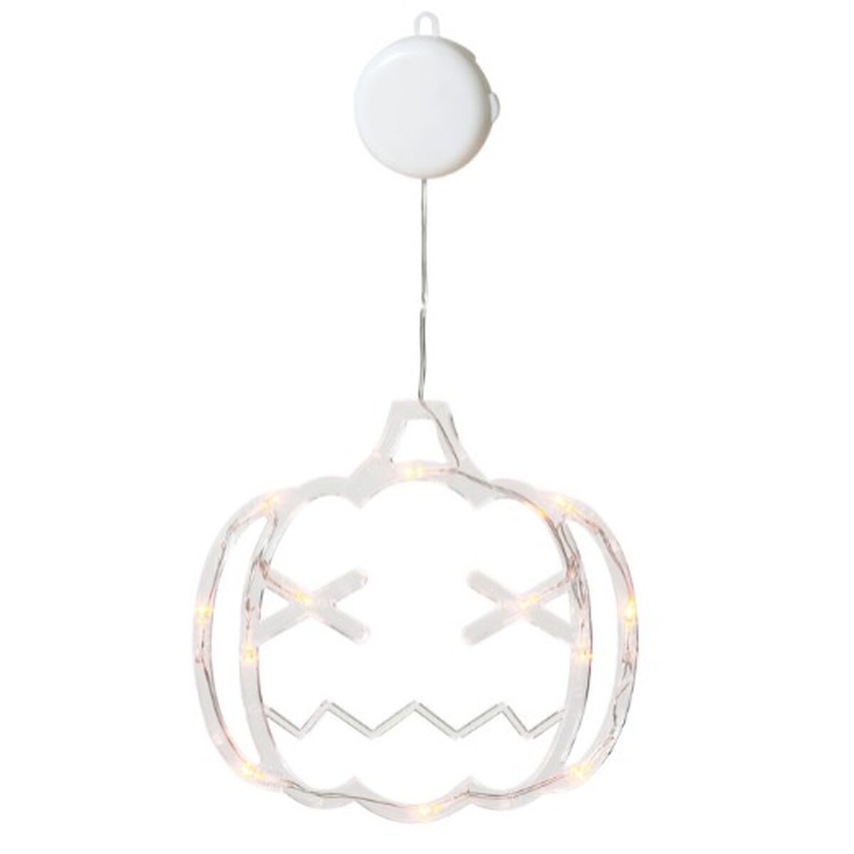 En vit siluett av en Halloweenpumpa med LED-lampor längs konturerna, hängandes från en vit batteridosa.