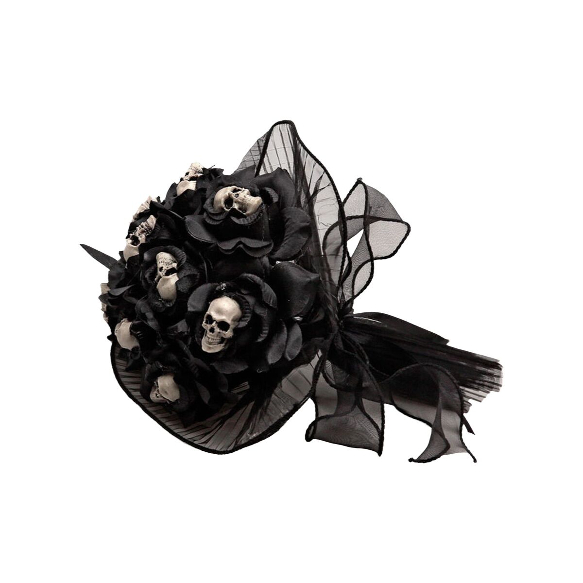 En makaber bukett bestående av svarta tygrosor där varje ros har en liten vit dödskalle inbäddad i mitten, arrangerat med svart organza och tyll.