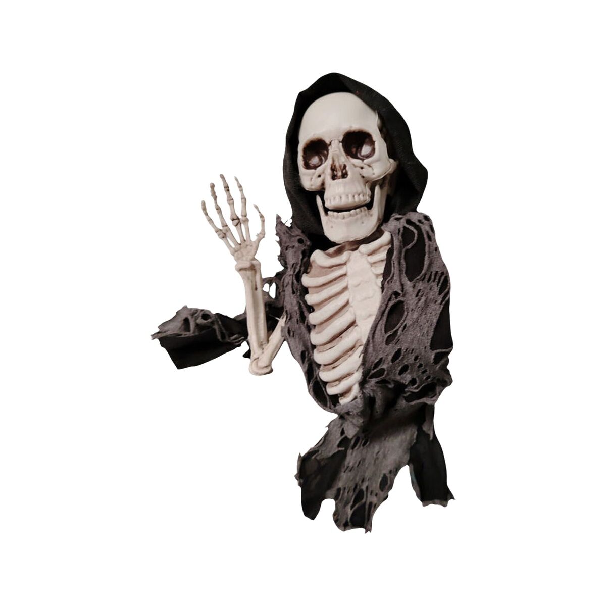 En dödskallefigur med en svart huva och trasiga kläder som vinkar med sin beniga hand.