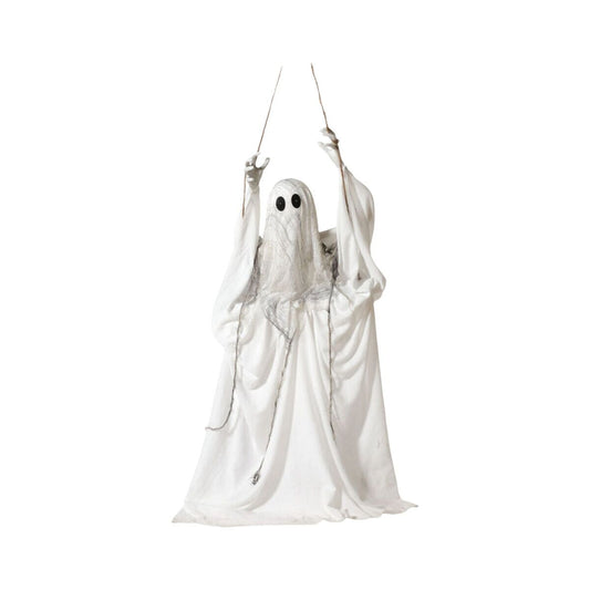 En stor, vit hängande Halloween-dekoration utformad som ett spöke med svarta ögon och vita tygstycken som svävar neråt.