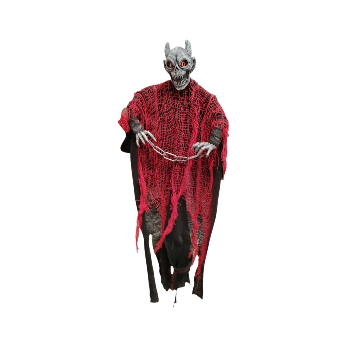 Ett skräckinjagande hängande monster med kedja och röd duk.