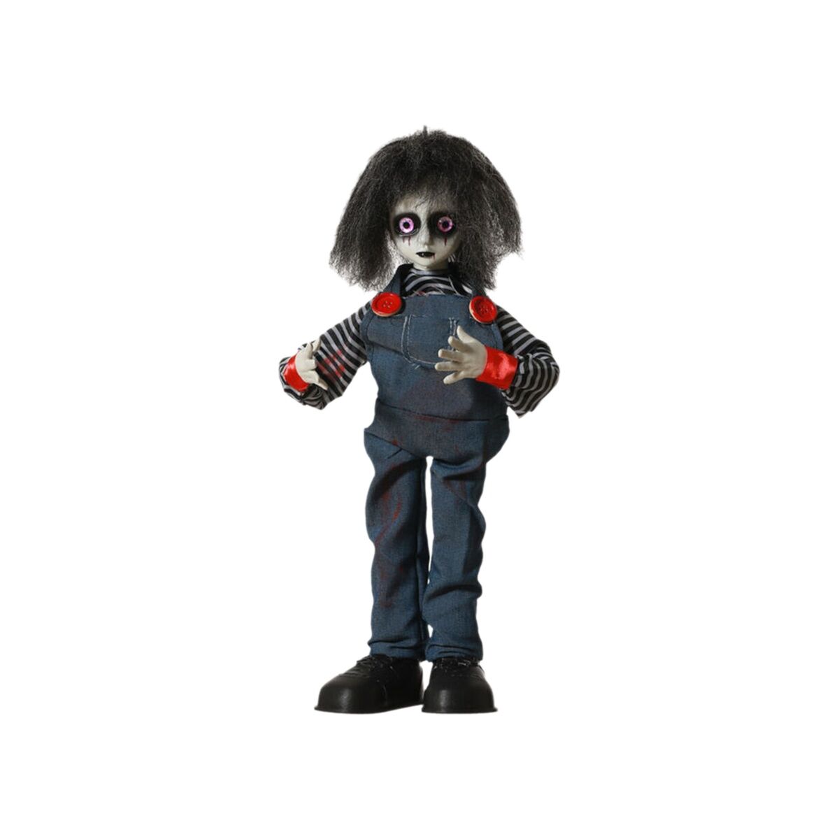 En 45 cm hög, skrämmande halloween-docka i form av ett monster med svart hår, stirrande lila ögon och klädd i blåa hängselbyxor med röda knappar över en randig tröja.