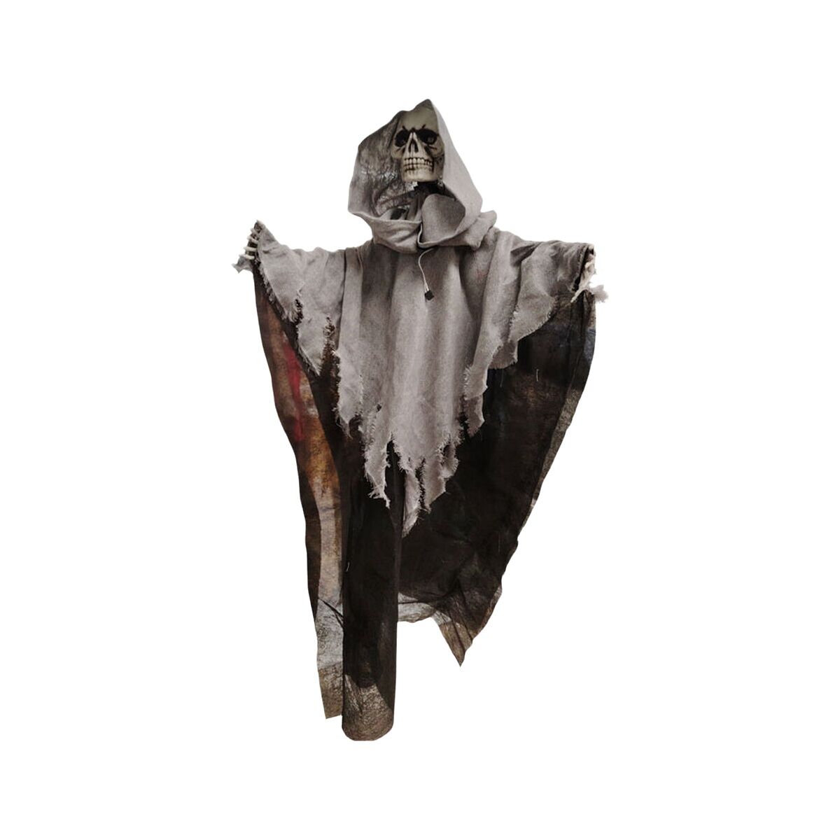 Ett läskigt hängsmycke i form av ett skelett med trasig grå mantel, perfekt för Halloween.