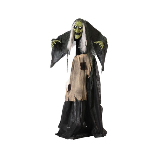 En 160 cm hög, skräckinjagande halloweenfigur föreställande ett monster eller en grönskinnad häxa med vitt hår, klädd i trasiga svarta och beiga tyger, med utsträckta armar.