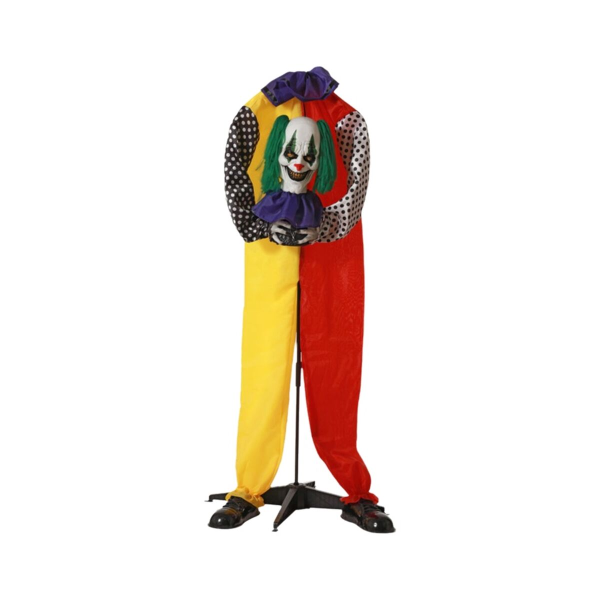 En 140 cm lång Halloween dekoration av en läskig clown med rött och gult kläder som håller ett clownhuvud.