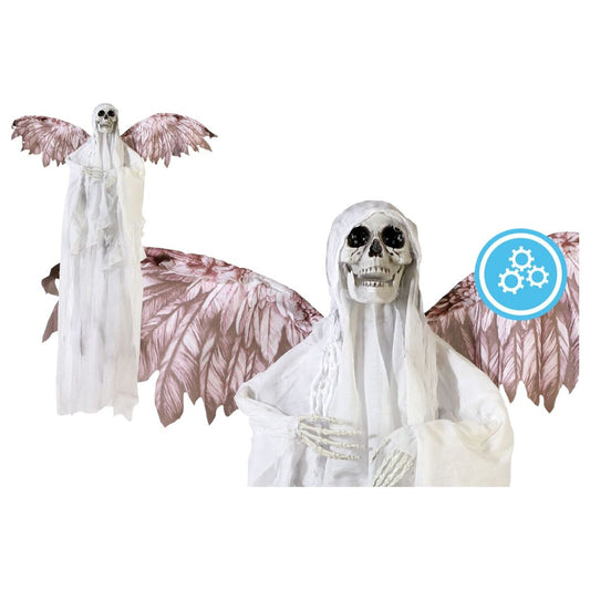 Två vyer av en vit, skrämmande halloweendekoration som föreställer ett skelett med stora, bruna vingar, draperat i vita tyger.