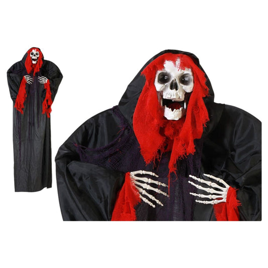 En hög, 183 cm lång halloweendekoration föreställande ett skelett i en svart kåpa med rött tyg runt ansiktet och uppenbara skeletthänder.