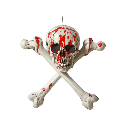 En vit halloweendekoration föreställande en dödskalle med korslagda ben, täckt av röda blodstänk.