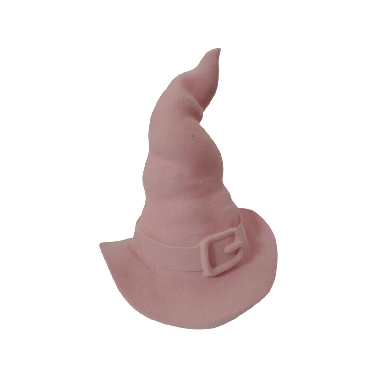 En rosa häxhatt med en spetsig, vriden topp och en hattband med spänne.