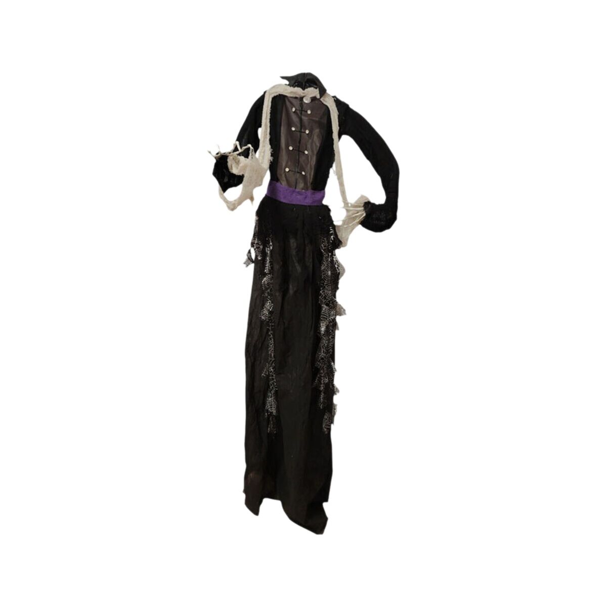 En skrämmande svart monsterekoration på 180 cm med vita detaljer och ett lila skärp.