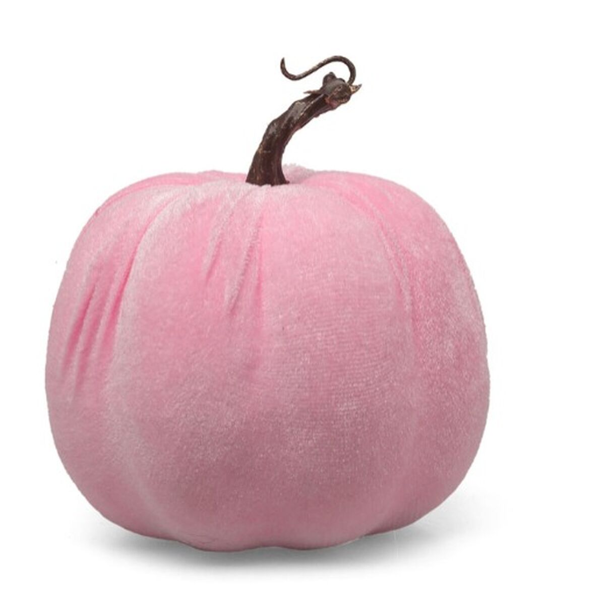 En mjuk, rosa sammetspumpa med en mörkbrun, böjd stjälk som sticker upp från toppen, fotograferad mot vit bakgrund.