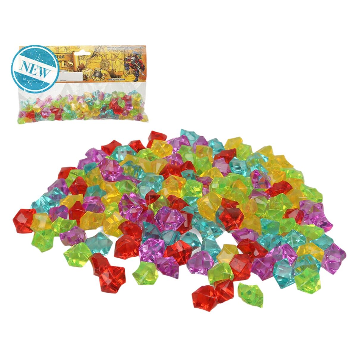 En påse med färgglada plast-smycken, spridda över en yta.