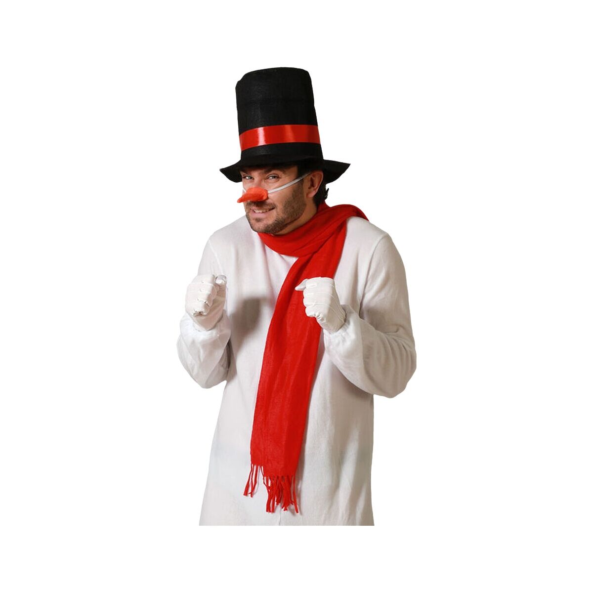 En man bär en snögubbe maskeraddräkt med en svart topphatt, röd halsduk, vit näsa och vita handskar.