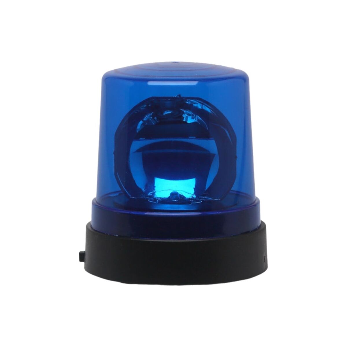 En blå polisprata med ett blinkande ljus sitter på en svart bas.