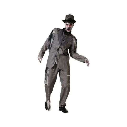 En man klädd i en skräckinjagande zombifierad brudgumsdräkt med grå kritstrecksrandiga byxor och jacka, som ser ut att komma framåt med händerna utsträckta.