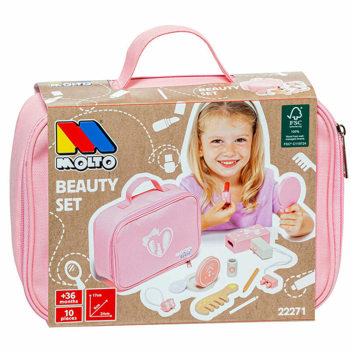 Ett rosa kosmetikset för barn från Moltó, inklusive en bärbar väska och flera trä- och plasttillbehör, fotograferat mot en kartongbakgrund med en glad flicka som använder en läppstiftsprodukt.