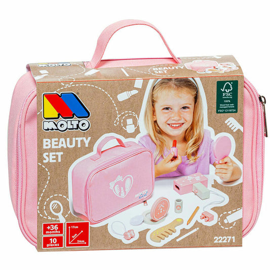 Ett rosa kosmetikset för barn från Moltó, inklusive en bärbar väska och flera trä- och plasttillbehör, fotograferat mot en kartongbakgrund med en glad flicka som använder en läppstiftsprodukt.
