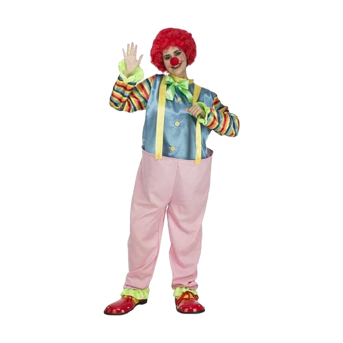 En vuxen person iklädd en färgglad clowndräkt med röd peruk, blå överdel, rosa byxor och röda skor, som vinkar glatt.