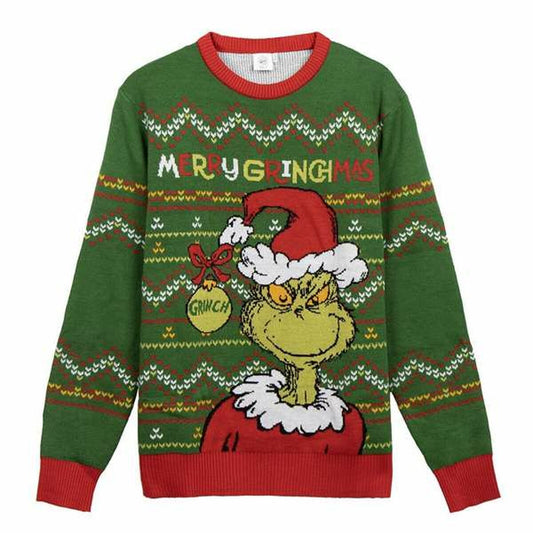En grön stickad herrtröja med ett stort motiv av den griniga karaktären Grinchen i tomteluva som håller en julgranskula, med texten "MERRY GRINCHMAS" över axlarna.