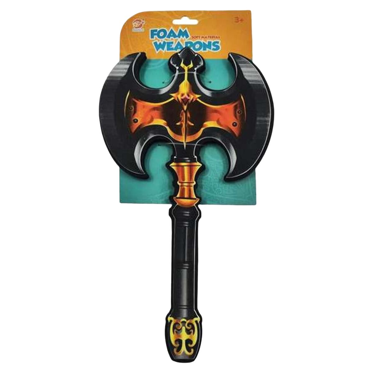 En svart och guldfärgad dubbel-yxa i skum för maskerad, monterad på en grön och orange bakgrund med texten 'Foam Weapons'.