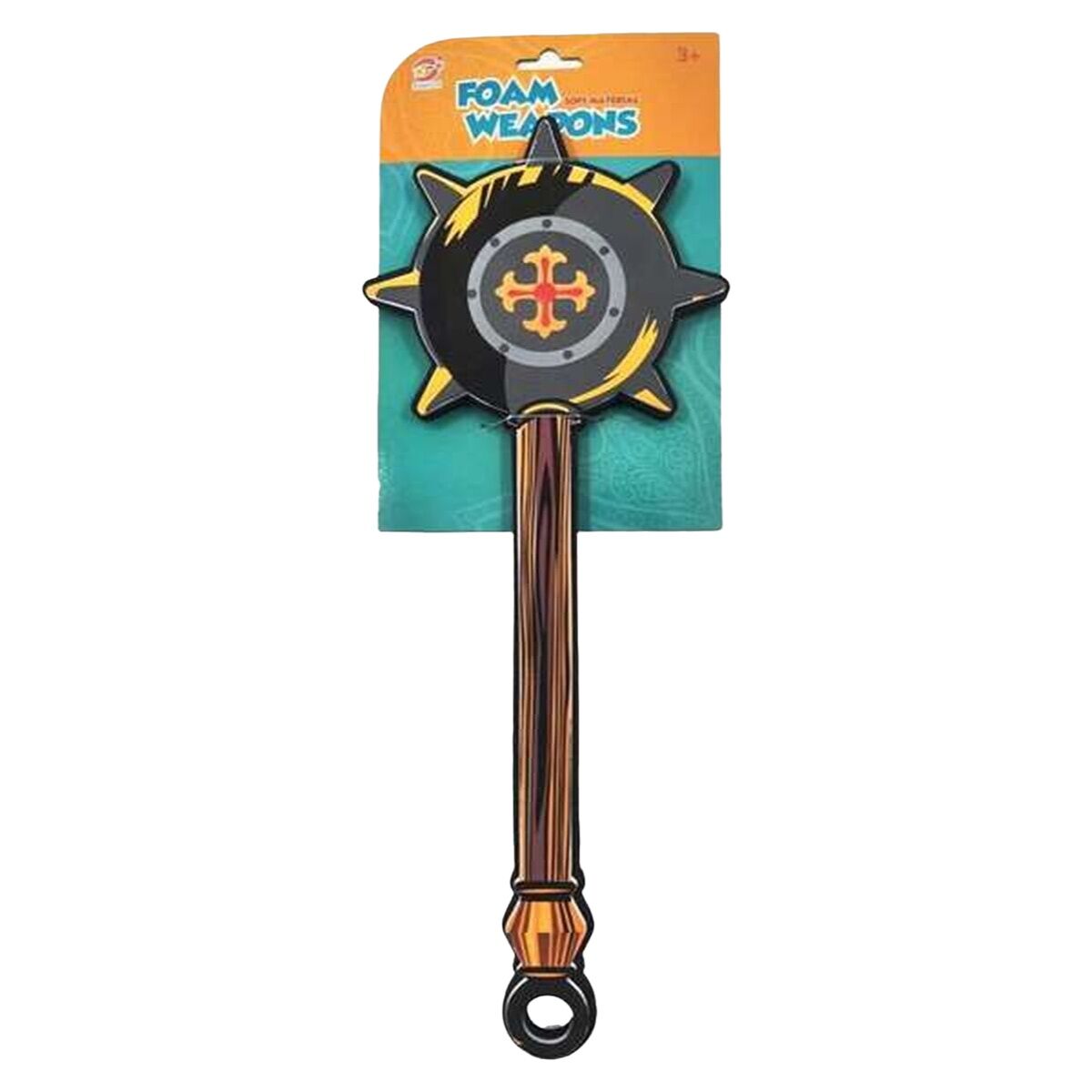 En skumpistol med ett runt, taggigt huvud och ett långt skaft, presenterad på en blå och gul förpackning.