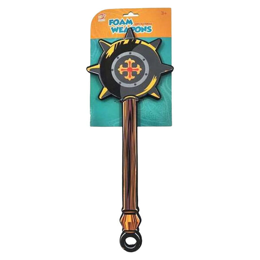 En skumpistol med ett runt, taggigt huvud och ett långt skaft, presenterad på en blå och gul förpackning.