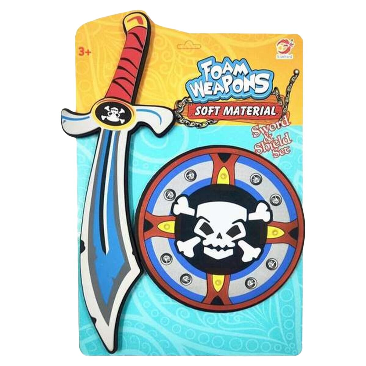 Ett piratsvärd och en piratsköld med dödskalletema.