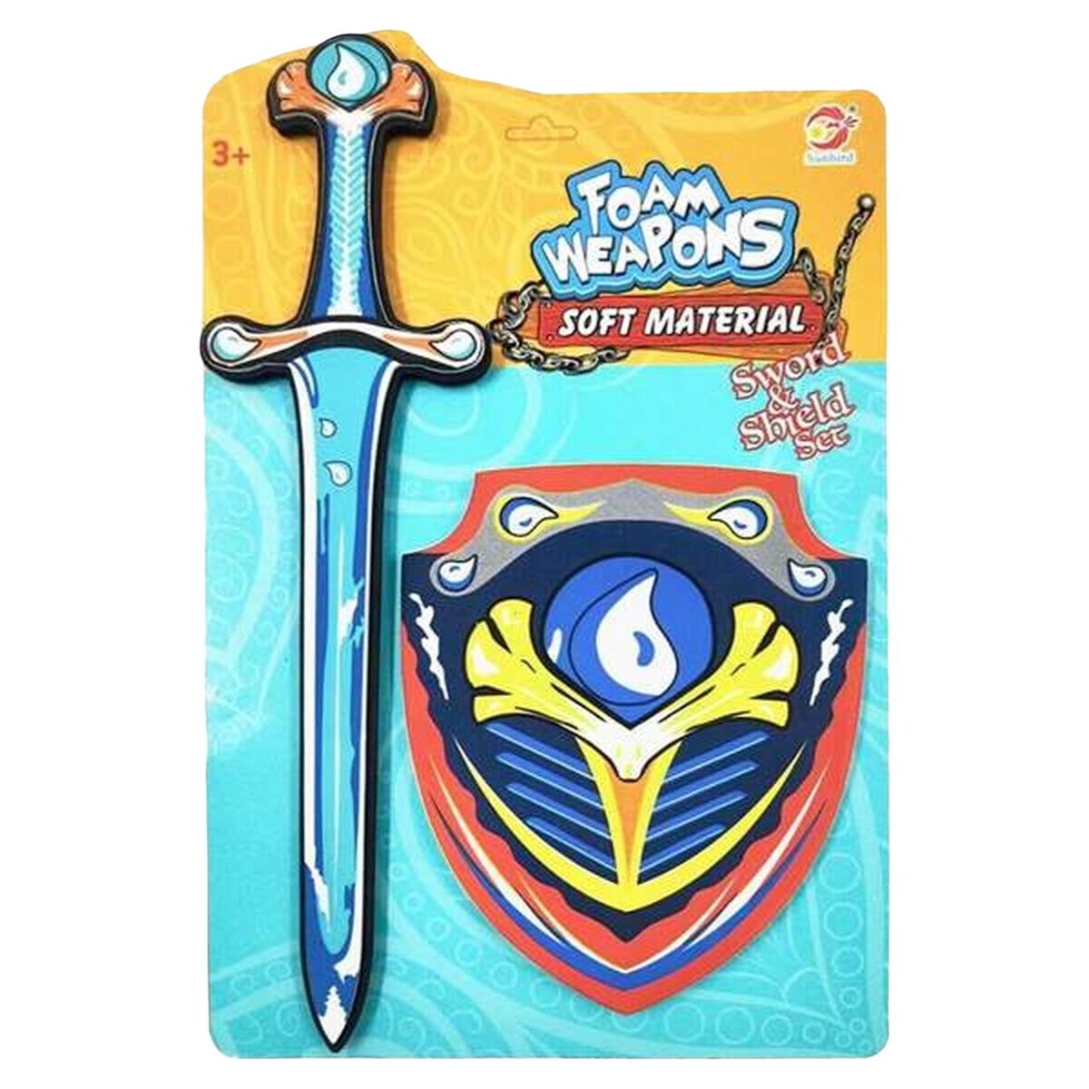 Ett blått skumsvärd och en färgglad sköld med blått tema, presenterade på en gul och turkos förpackning.