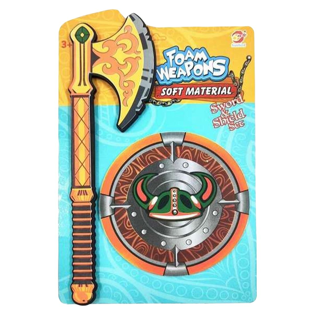 En mjuk skum-yxa och en rund sköld med vikingatema för maskerad och lek.