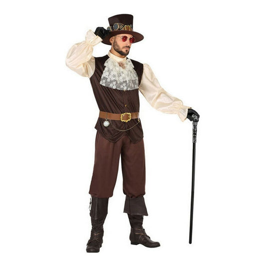Man i helfigur som bär en brun Steampunk-maskeraddräkt som inkluderar väst, skjorta med krås, byxor, hatt med skyddsglasögon och håller i en käpp.