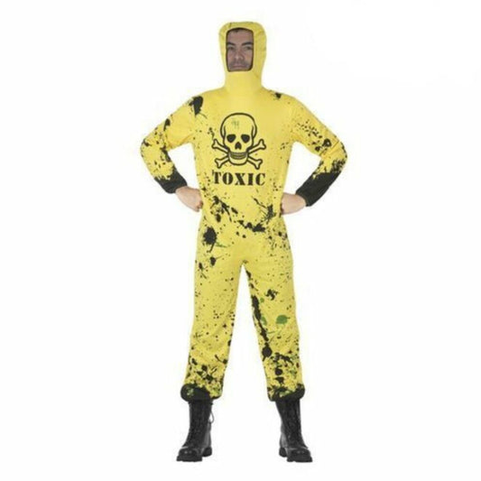 Vuxen i gul hazmatdräkt med "TOXIC"-tryck och dödskallemotiv.