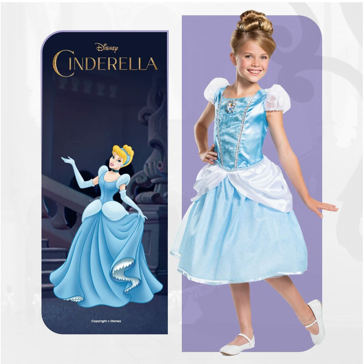 En bild som visar både en tecknad bild av Askungen och en flicka i den officiella Disney-klänningen.