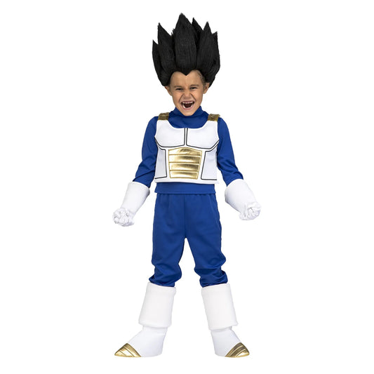 Barn i Vegeta-dräkt från Dragon Ball med armarna i powerpose.