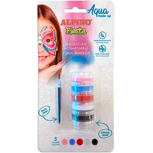 Barnsmink Aqua Make-Up set som visar en stapel med fem färger, en sminkpensel och en svamp, med en bild på en tjej med fjärilsmålning i ansiktet.