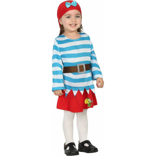 En bebis bär en blåvitrandig piratdräkt med röd kjol, fejkat brunt bälte och matchande röd bandana med blå rosett – perfekt för små pirater.