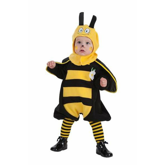 Bebis utklädd i en svart och gul bi-dräkt med huva, randiga ben och en blomma på bröstet, perfekt för maskerad för barn 0–12 månader.
