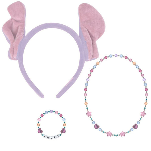 Ett officiellt Disney-accessoarset för att klä ut sig till Angel från Lilo & Stitch, som innehåller ett diadem med rosa öron, ett pärlhalsband och ett pärlarmband.