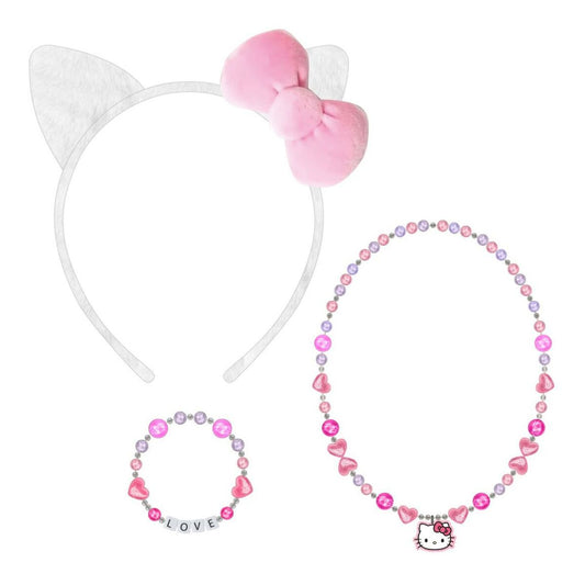 Ett officiellt Hello Kitty accessoarset för barn som innehåller ett diadem med vita kattöron och rosa rosett, ett pärlhalsband och ett pärlarmband.