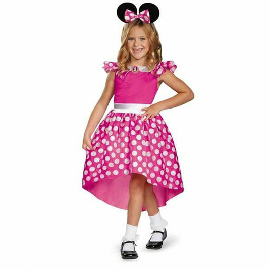 En glad flicka poserar i en komplett, Bedårande Rosa Mimmi Pigg Barndräkt, med en prickig klänning och ett diadem med musöron.