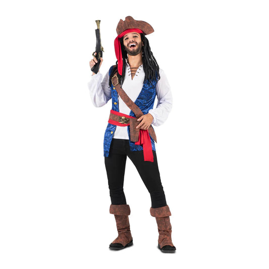 En man poserar glatt i blå piratdräkt med hatt och leksakspistol – redo att inta festen.