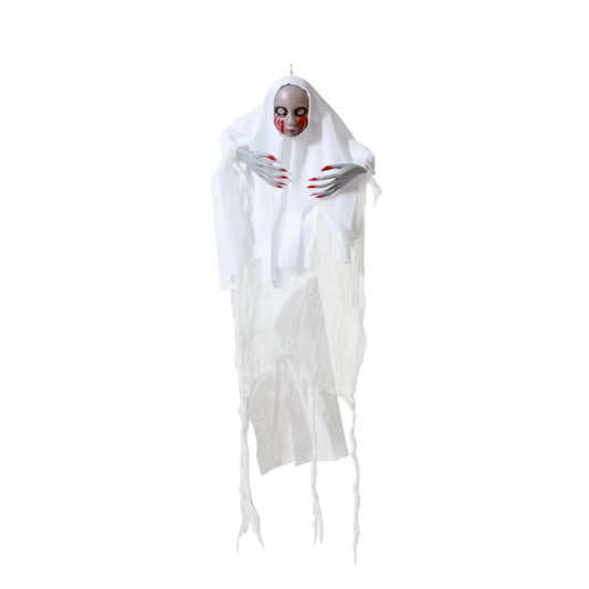En hängande, vit vålnad med ett läskigt ansikte som gråter blod, och grå händer med blodiga naglar, perfekt för halloween.