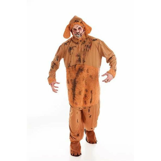 En man med ett skräckinjagande uttryck och blodigt smink poserar i en komplett, blodig och smutsig hund-jumpsuit.